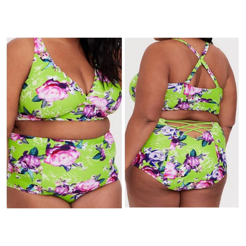 Neon Green Floral Lattice High Waist Swim Bottom